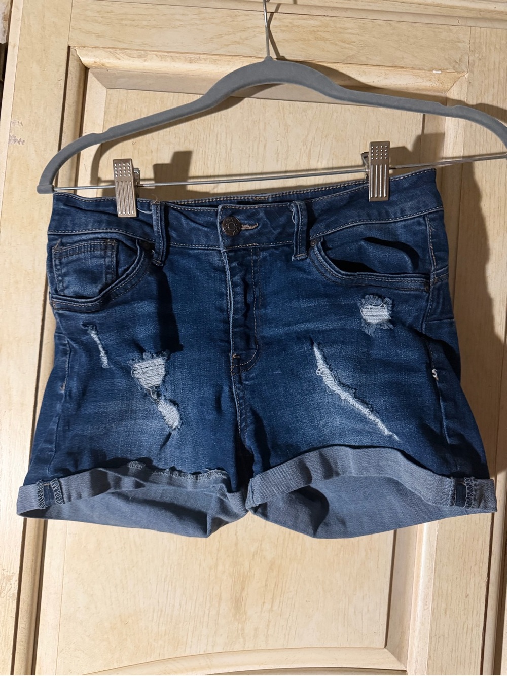 Wax Jean Distressed Dark Blue Rolled-Hem Denim Shorts